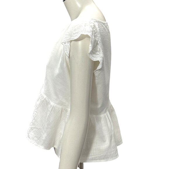 CCC White Cotton V Neck Peplum Crop Top Lace Cap Sleeves Size Medium Boho Chic - Picture 2 of 8